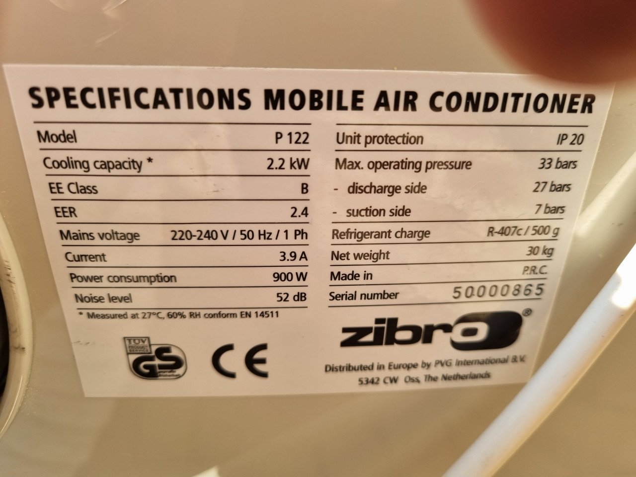 Mobiele airco Zibro P122 met afvoerslang