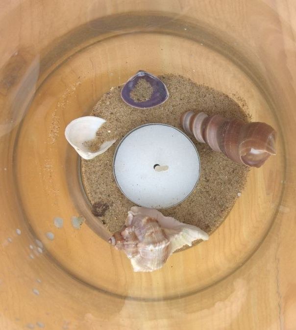 4 grote glas theelichthouders 19 cm +schelpen+kaarsen! 4=€5