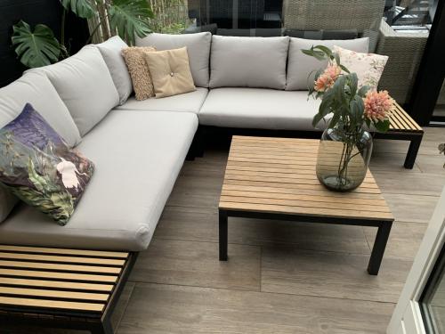 Loungset hout en Alminium, tafel, en kussens.