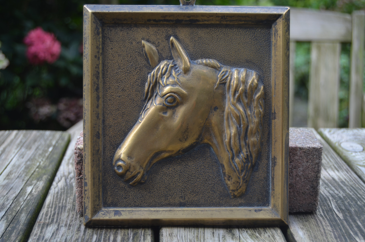 Mooie koperen plaquette van een paardenhoofd.