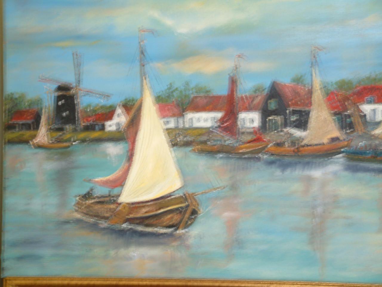 Schilderij van Arnemuiden  haven  120 x 60 cm olieverf   Jac Caljouw