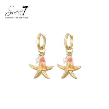 Oorbellen goudkleurig met zeester en kleurrijke kralen