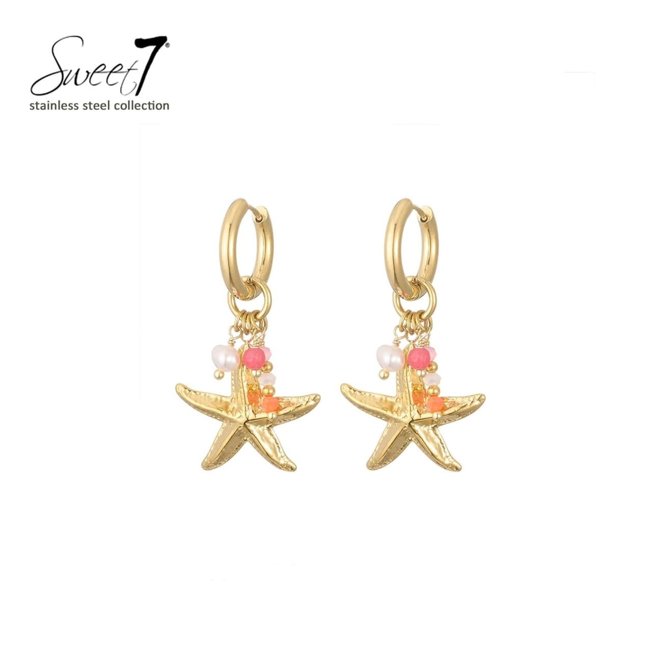 Oorbellen goudkleurig met zeester en kleurrijke kralen