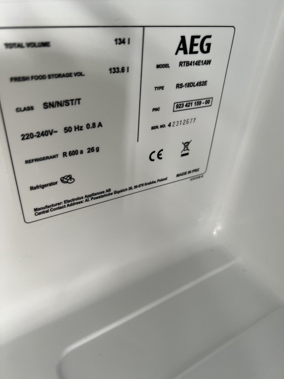 Nieuw AEG RTB414E1AW koelkast Vrijstaand 134 liter Wit Nieuwprijs €499,-