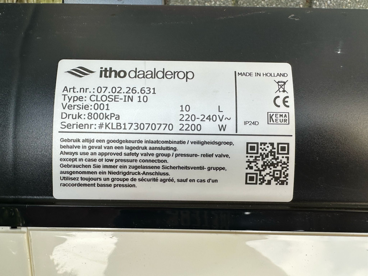 Close in boiler 10 liter 2200 Watt