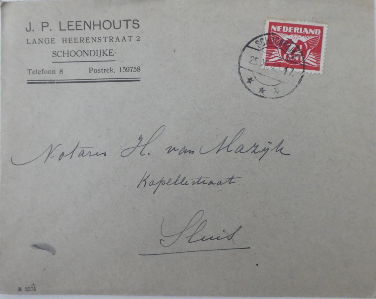 Envelop, 1947, Schoondijke-Sluis
