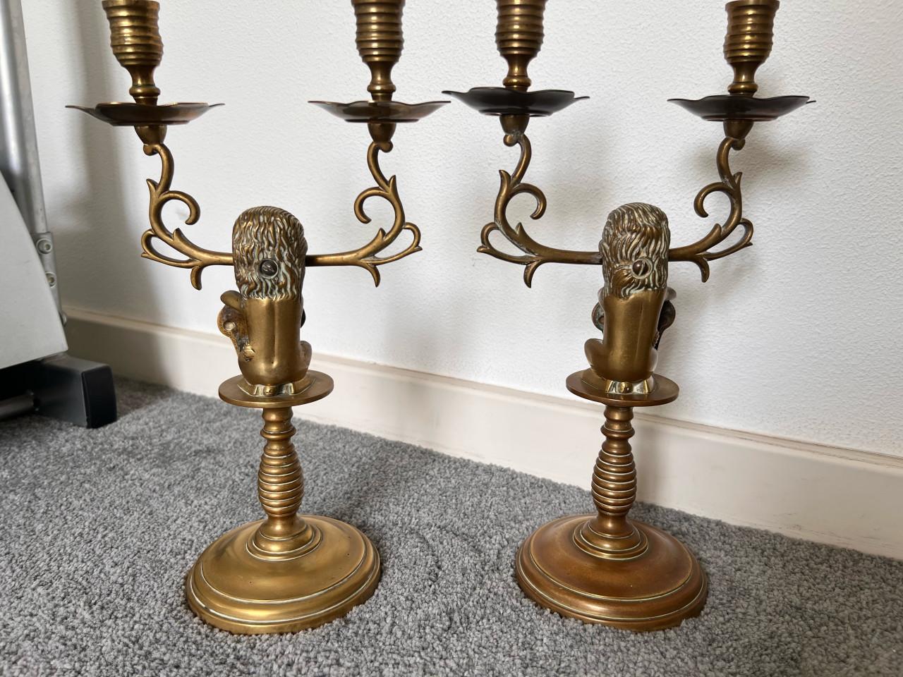 Antieke Koperen Kandelaars met Leeuwen (Set van 2)