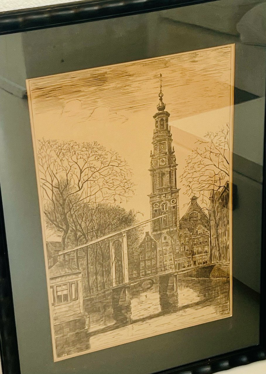 Kunstwerk tekening in inkt Westertoren Amsterdam
