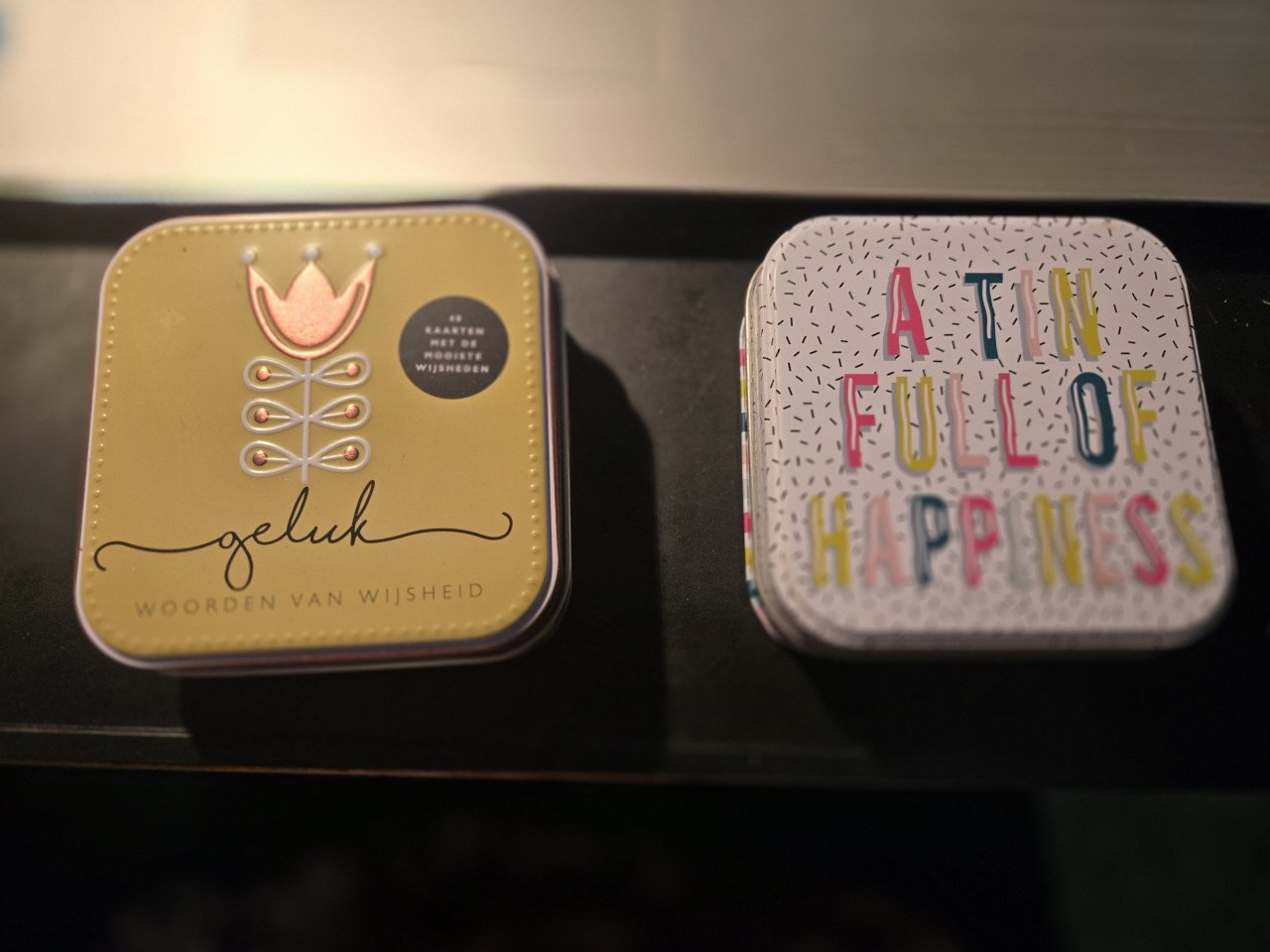 3 doosjes met kaarten voor wijsheden, geluk en goed gevoel.