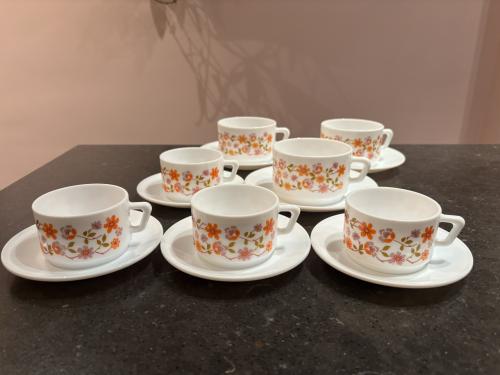 Vintage Arcopal Scania koffie & thee met schotels en 1 bord