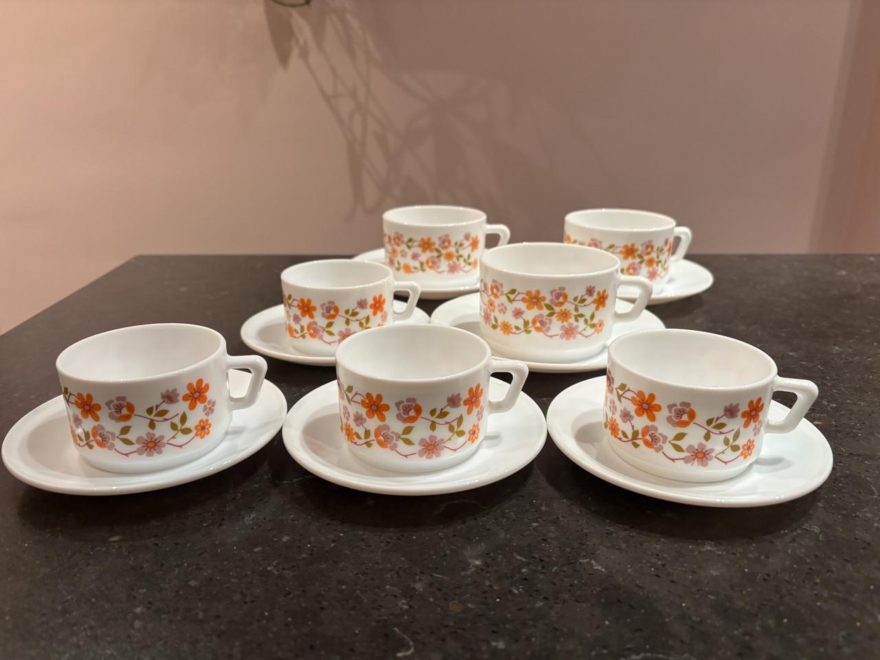 Vintage Arcopal Scania koffie & thee met schotels en 1 bord