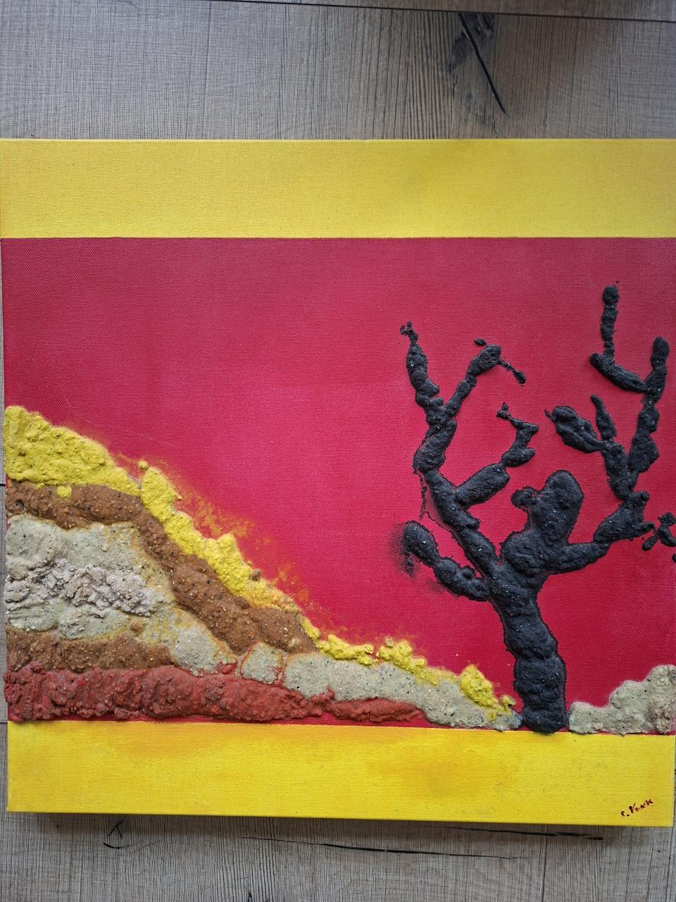 Schilderij. Olieverf, acryl en zand op canvas, 50 x 50 cm