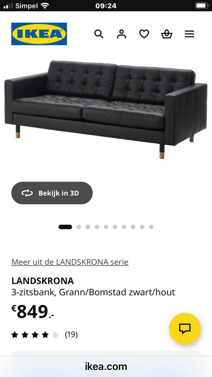 IKEA Landskrona 3-zits bank + voetenbank - zwart leer
