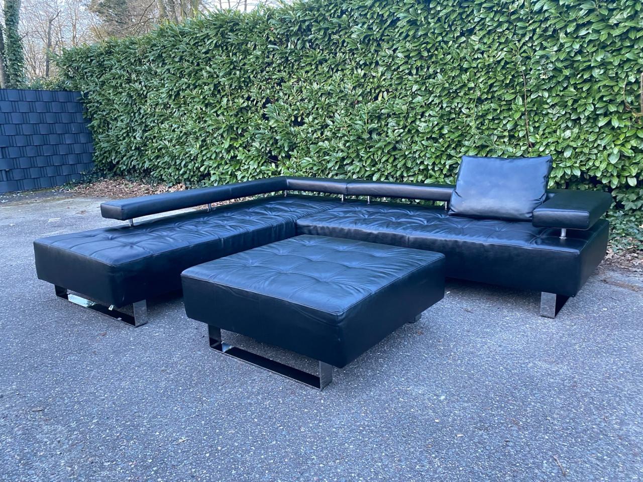 Montèl Cipriani Design Hoekbank-Zwart Echt Leer-Luxe Hocker-Gratis Levering