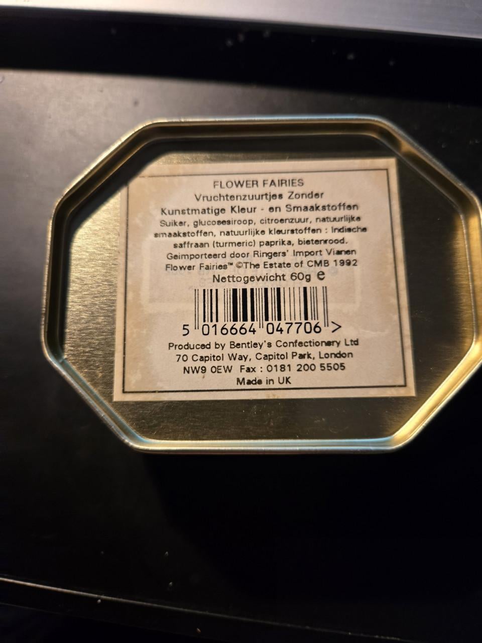 Blikje met daarop de afbeelding van de Nasturtium Fairy,  Flower Fairies