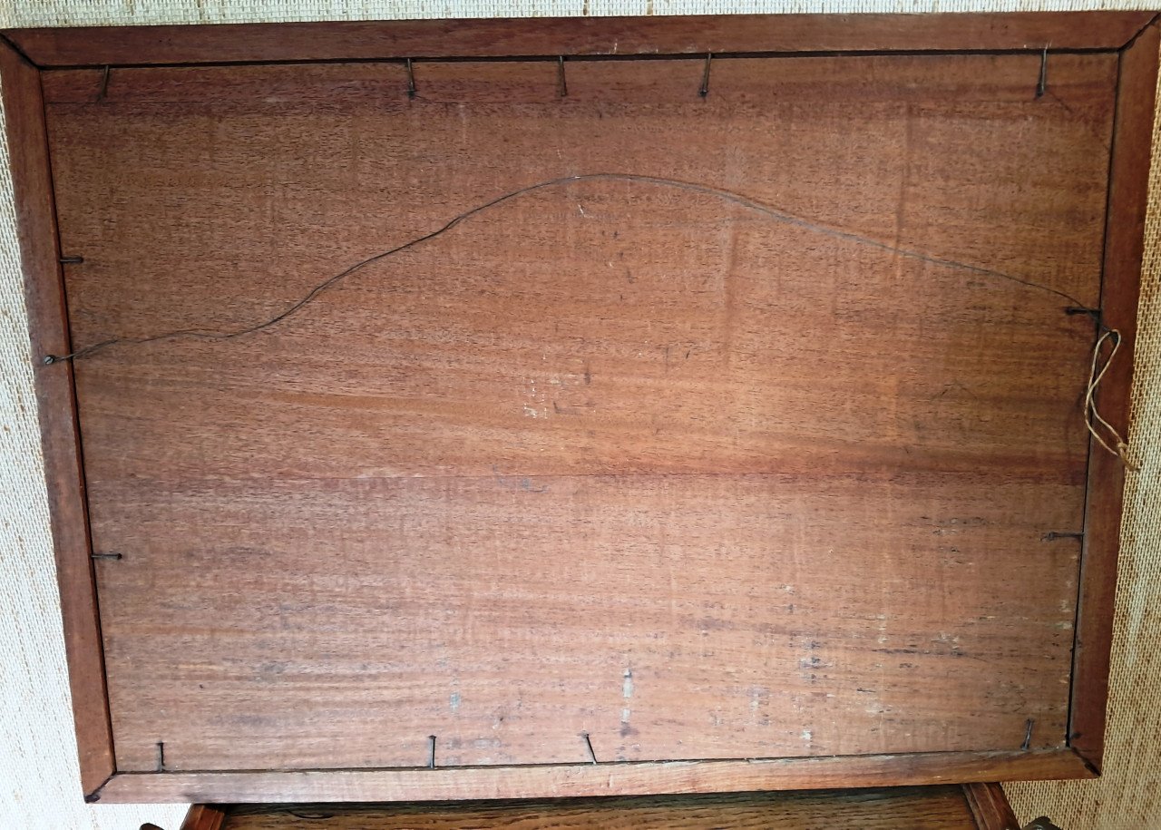 Dorpsaanzicht gemaakt van ingelegd hout, marketerie jaren 30 - 50