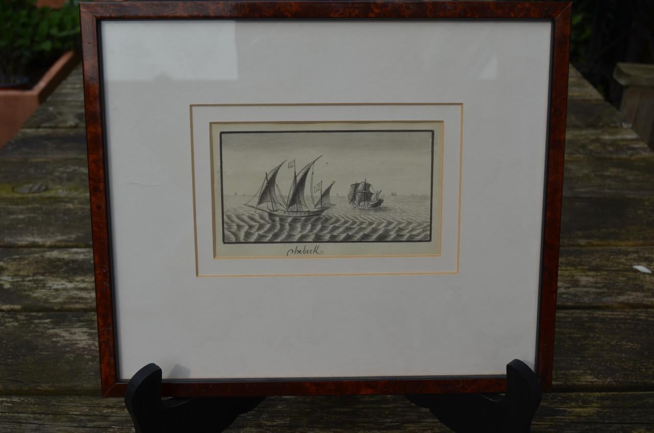 Mooie monochroom aquarel van een Chebeck / Xebec