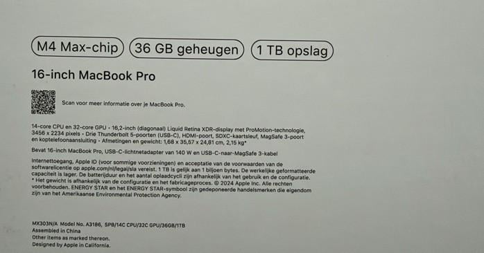 Apple MacBook Pro -16-inch - M4 Max chip - 36GB -1TB - Black - NIEUW -