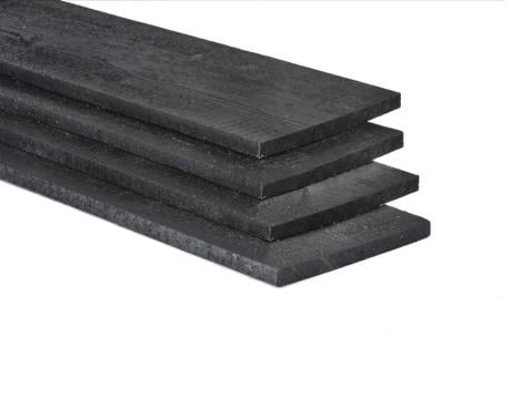 Gewolmaniseerde zwarte potdekselplank 25x275. 500 of 600cm. €6,75 p/m1.