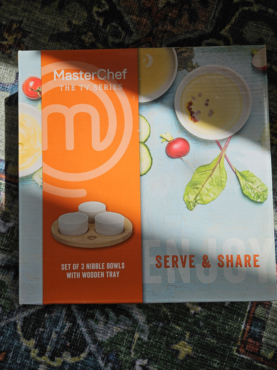 Set 3 snackbakjes met houten houder Masterchef