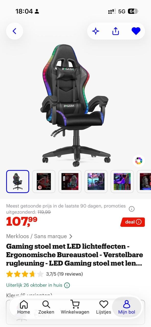 Ergonmische gamingstoel met led en licht effecten.