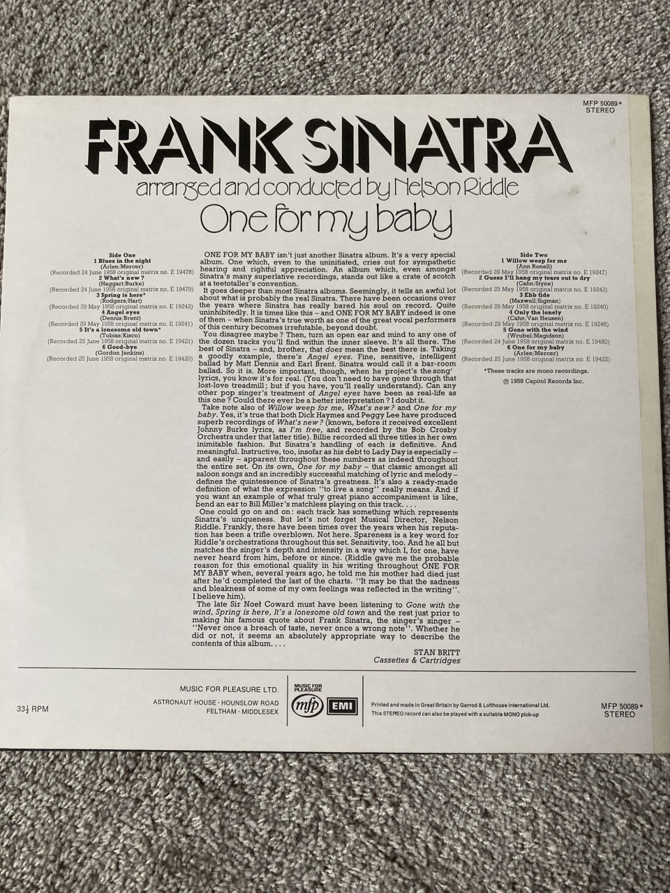 Vinyl L.P. Frank Sinatra One for my baby. Nelson Riddle
