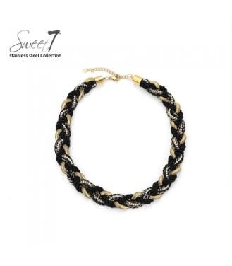 Zwart gevlochten halsketting met strass steentjes