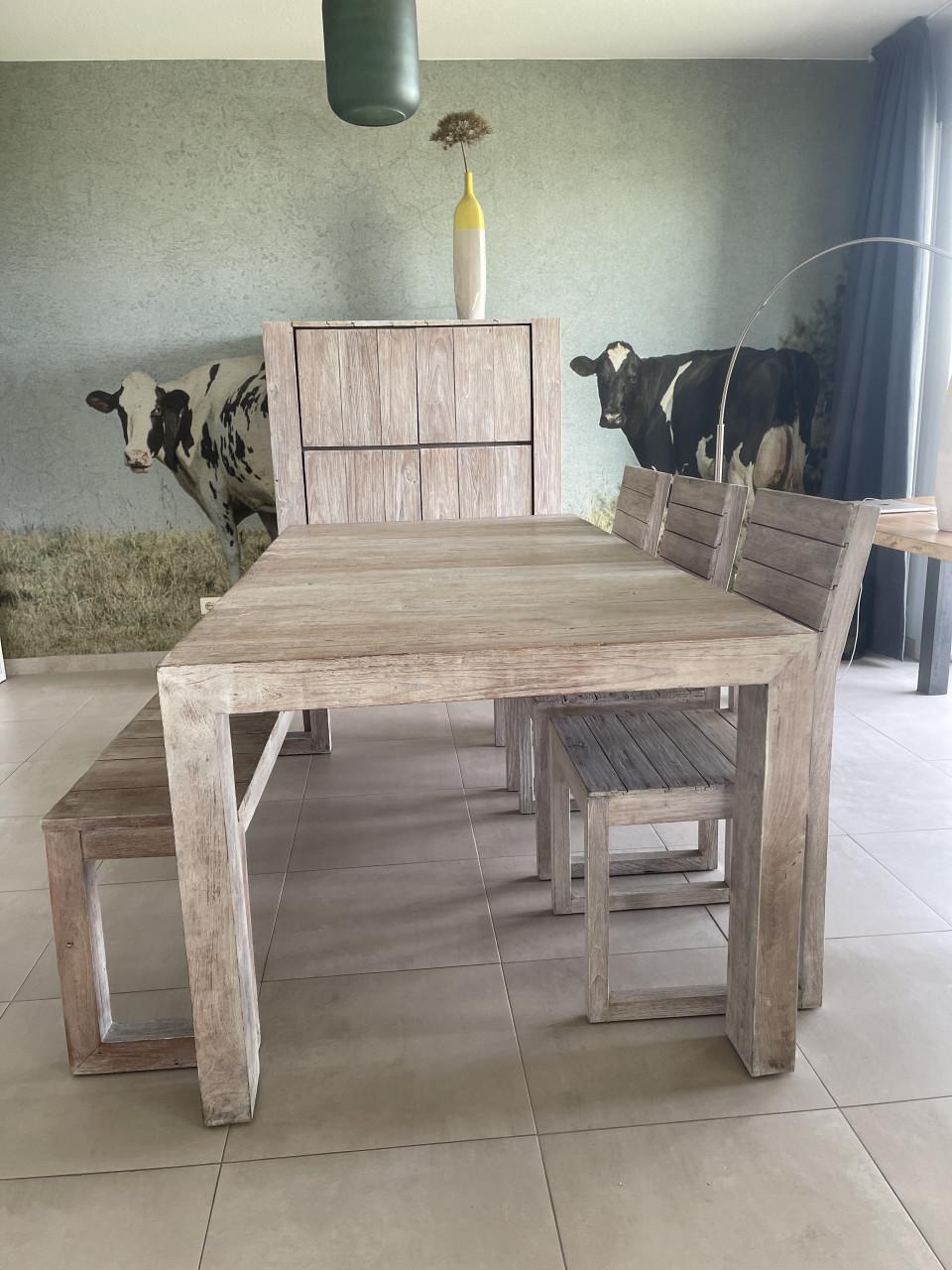 Eetkamer set massief gerecycleerd teak – modern landelijk – whitewash