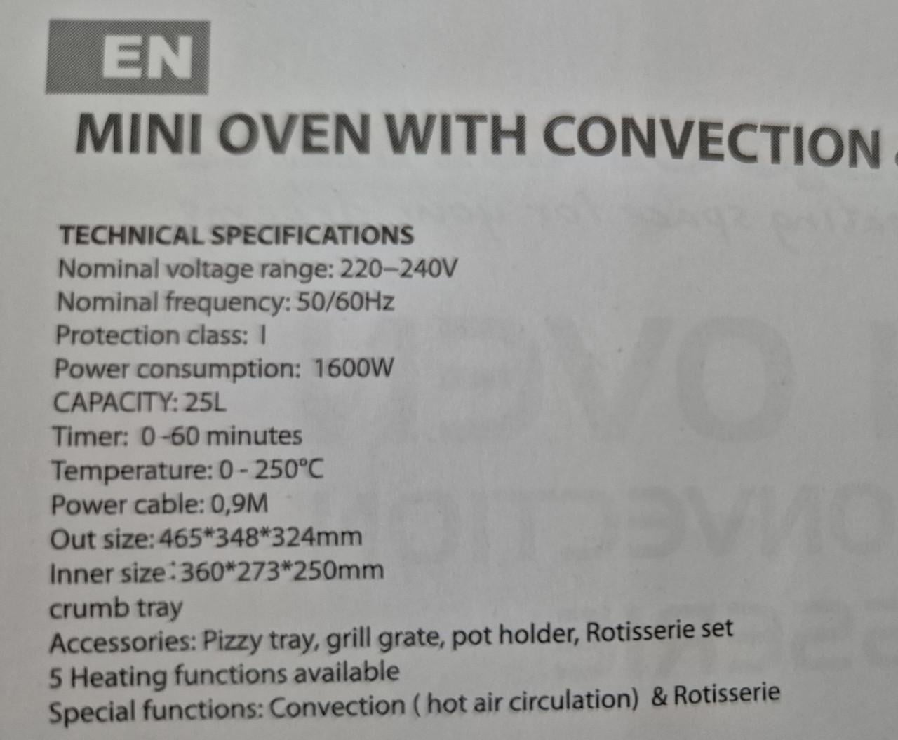 MINI-OVEN met heteluchtcirculatie en spitset