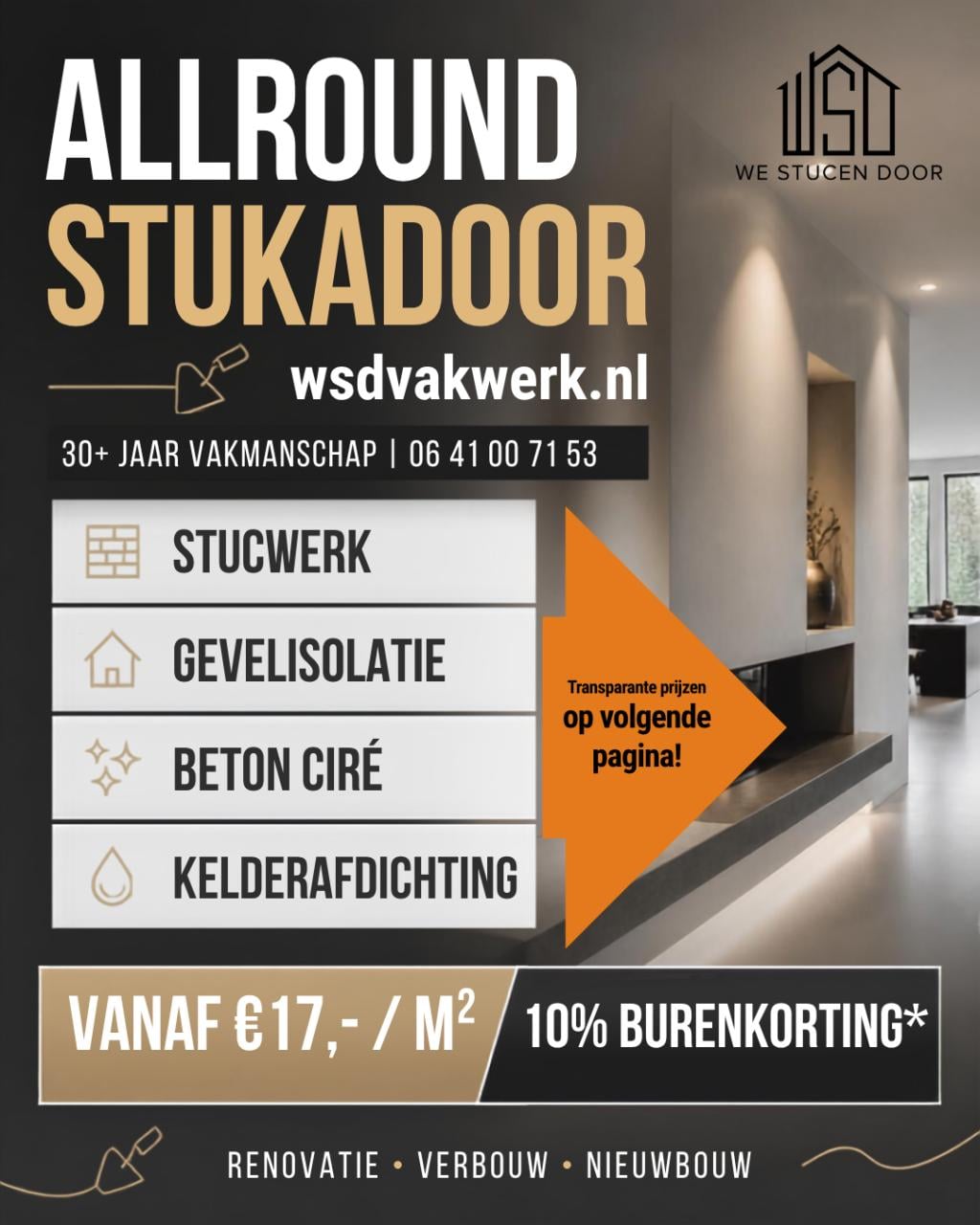 Stucspecialist: transparante prijzen & betrouwbare afspraken
