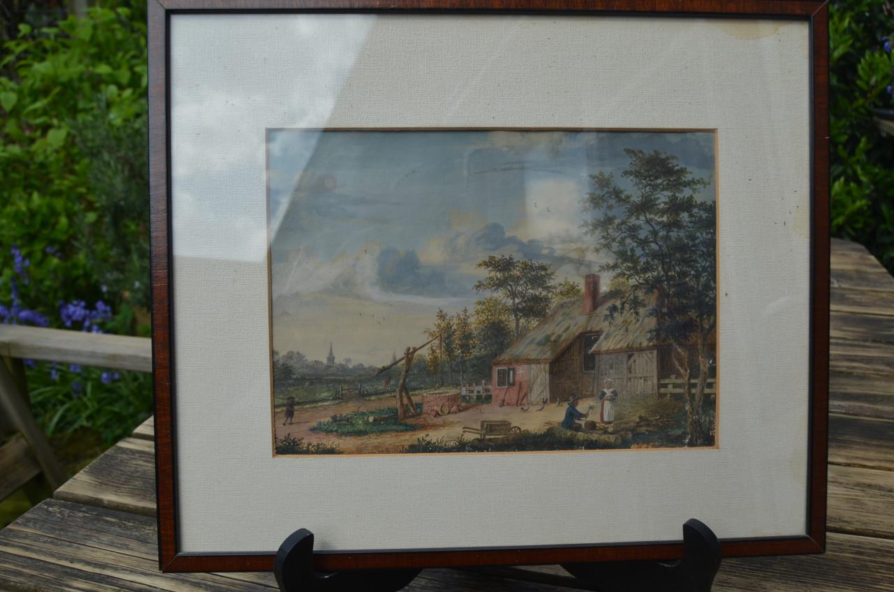 Olie op doek boerderijtje in landschap 19e eeuws.