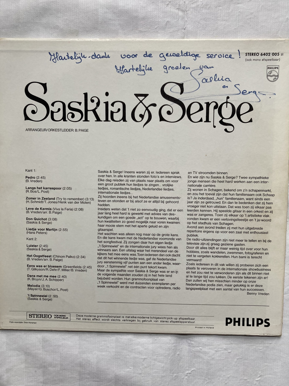 LP Saskia en Serge Zomer in Zeeland gesigneerd met boodschap