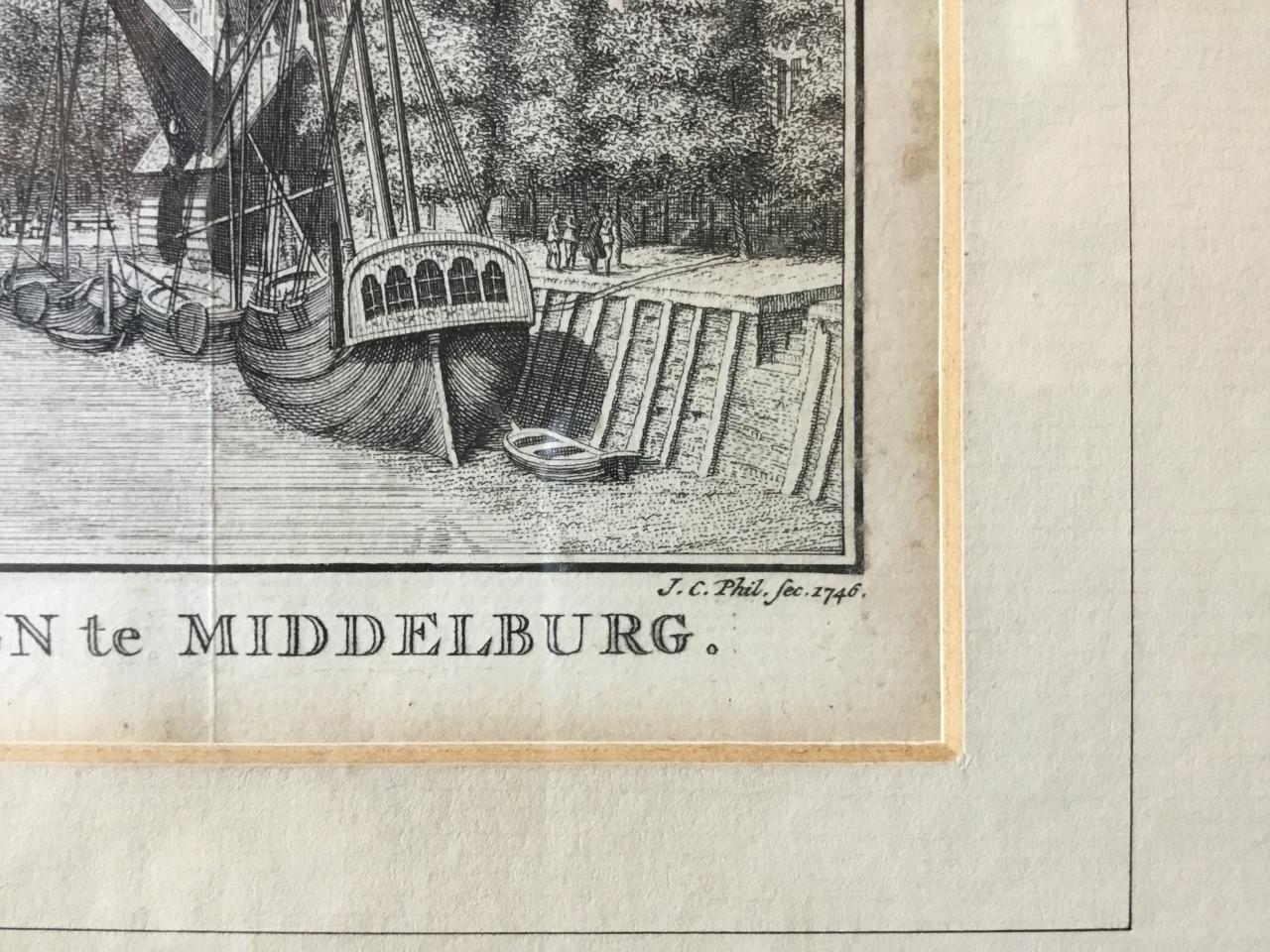 Gravure “Gezigt langs de haven op den Abdy-toren te Middelburg”
