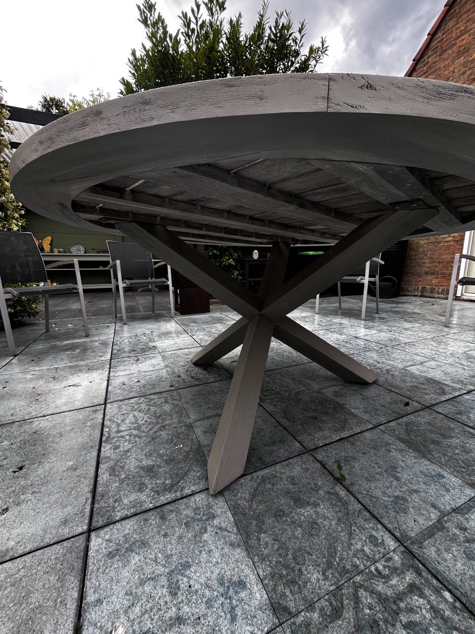 Ronde Tuintafel, teak, greywash, 160 cm!
