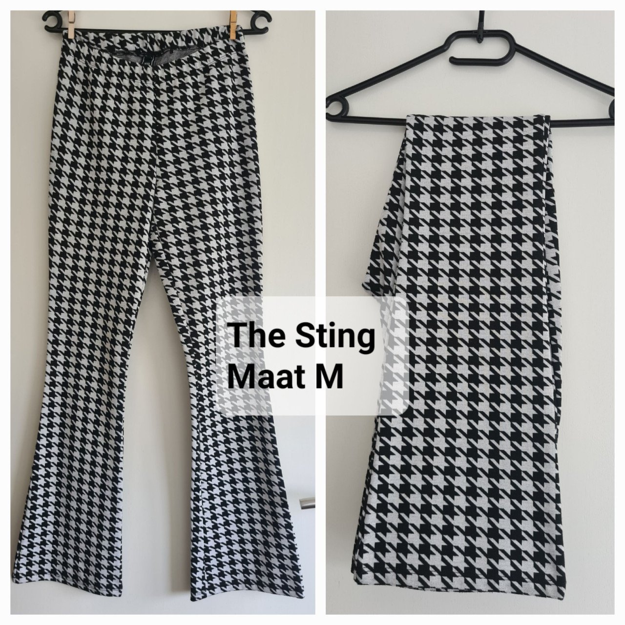 Nieuwe pied de poule zwart-wit broek met wijde pijpen van Amy & Ivy