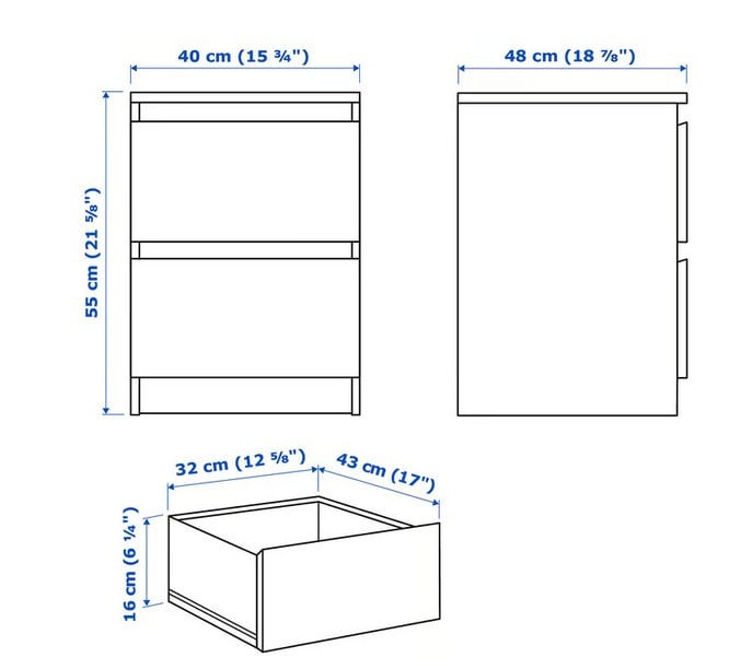 Ikea Malm Ladekast Met 2 Lades, Wit, 40x55 Cm