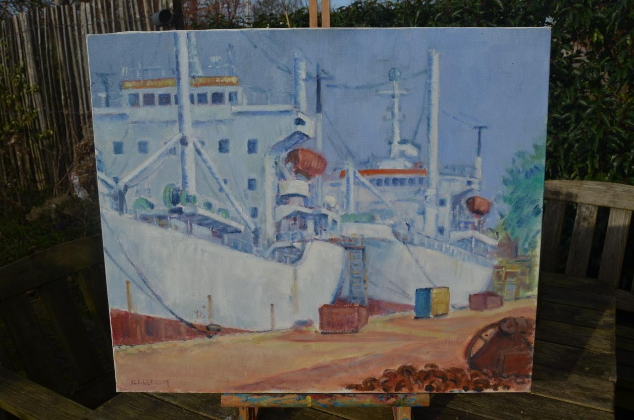 'Schepen aan de kade' gesigneerd H.C.D. Glerum (Vlissingen)