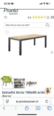 Eettafel 6 persoons, massief hout, metalen poten 190 x 90