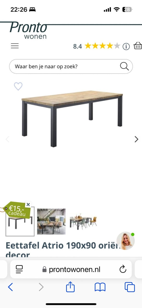 Eettafel 6 persoons, massief hout, metalen poten 190 x 90