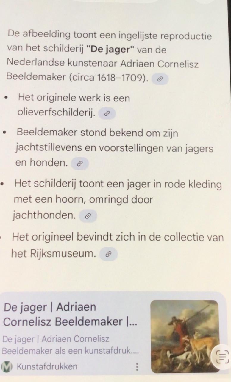Ingelijste reproductie van “De jager- Adriaan Cornelisz Beeldemaker