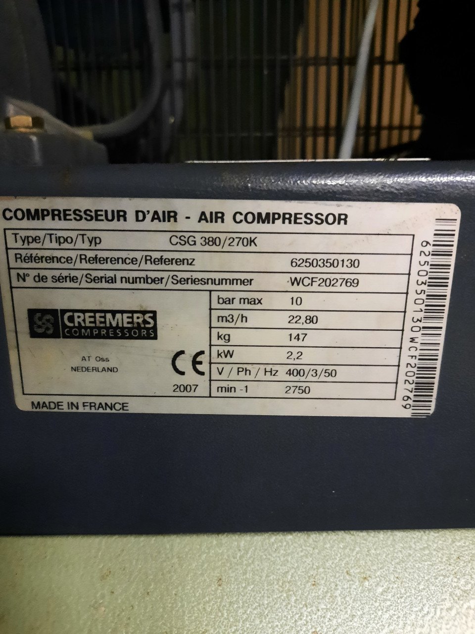 Compressor zgan Creemers 380V 270liter tank