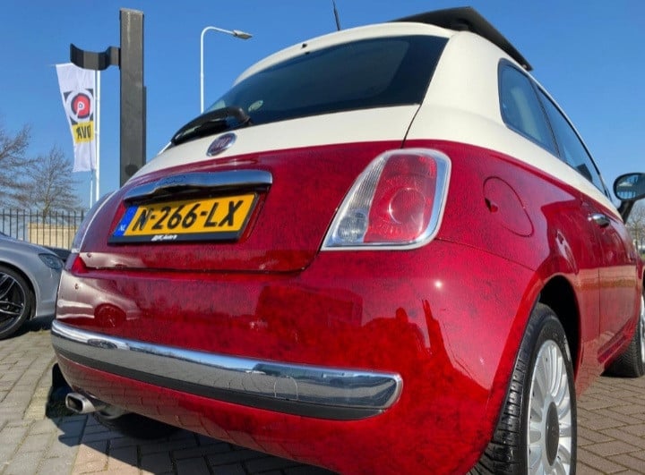 Te koop: Fiat 500 1.2 C 2008 rood gemarmerd/wit. Heel speciaal en uniek!