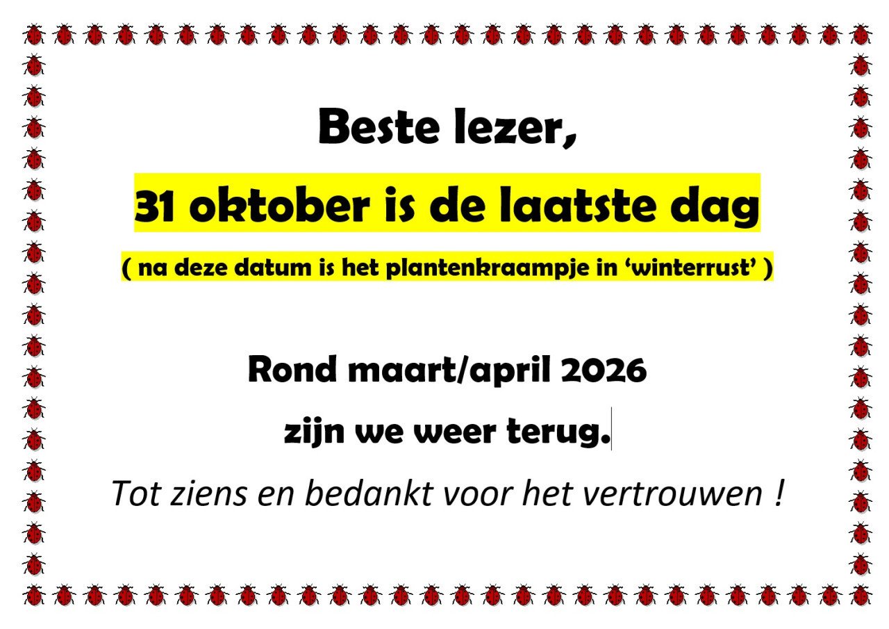 Na 31 oktober gaat het kraampje in winterrust, dus kom nog snel langs !