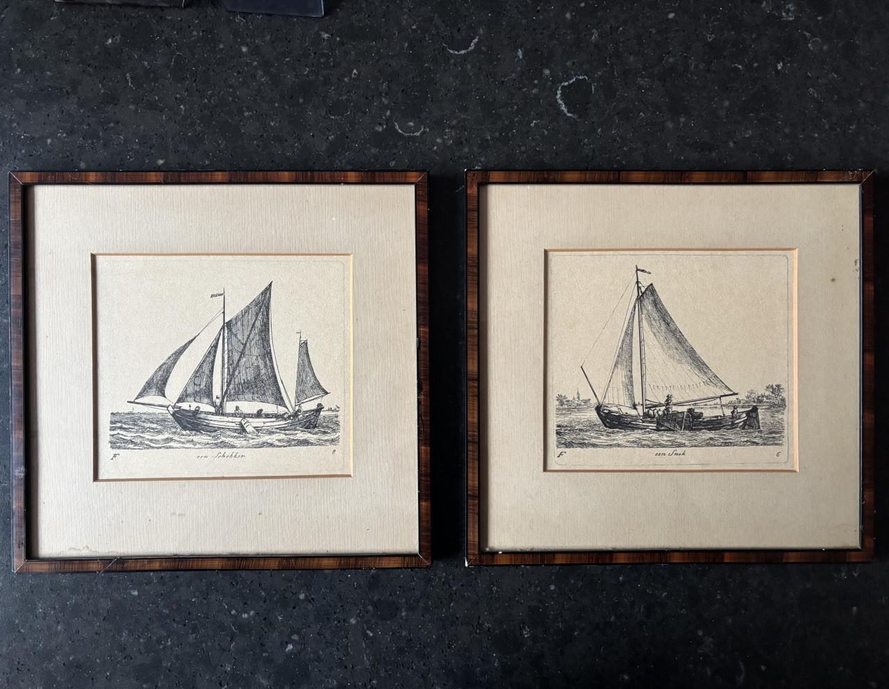 Litho van zeilschepen in lijst