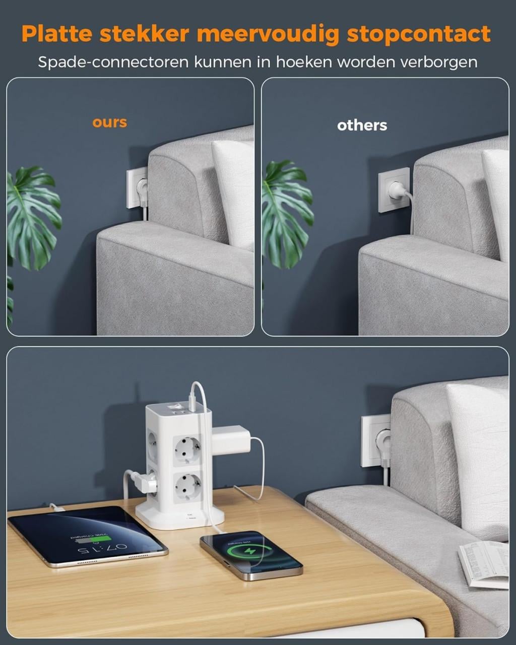 TESSAN 8 Voudige Stekkerdoos, Stekkerdoos met 3 USB poorten