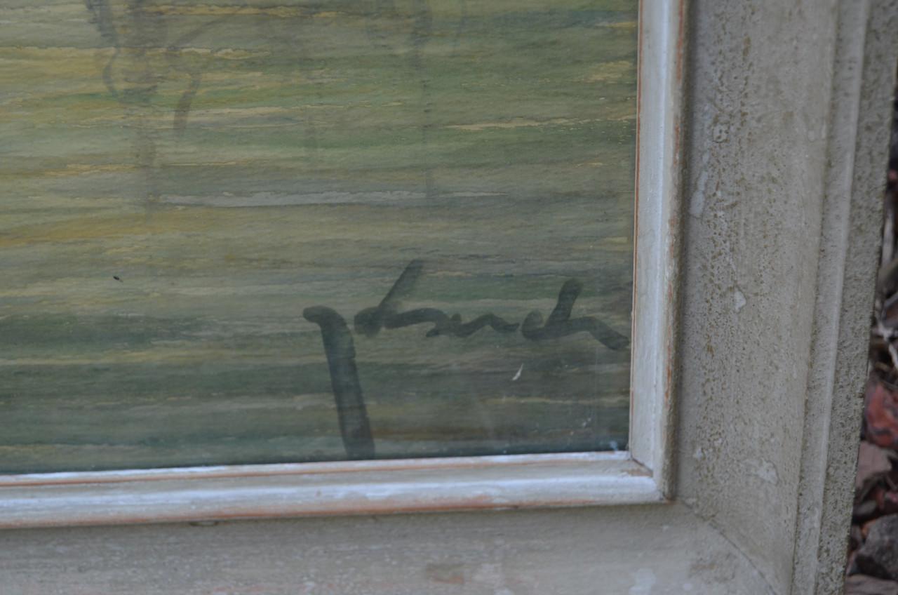 Groot schilderij Vissersscheepjes in goede staat Theo Idserda