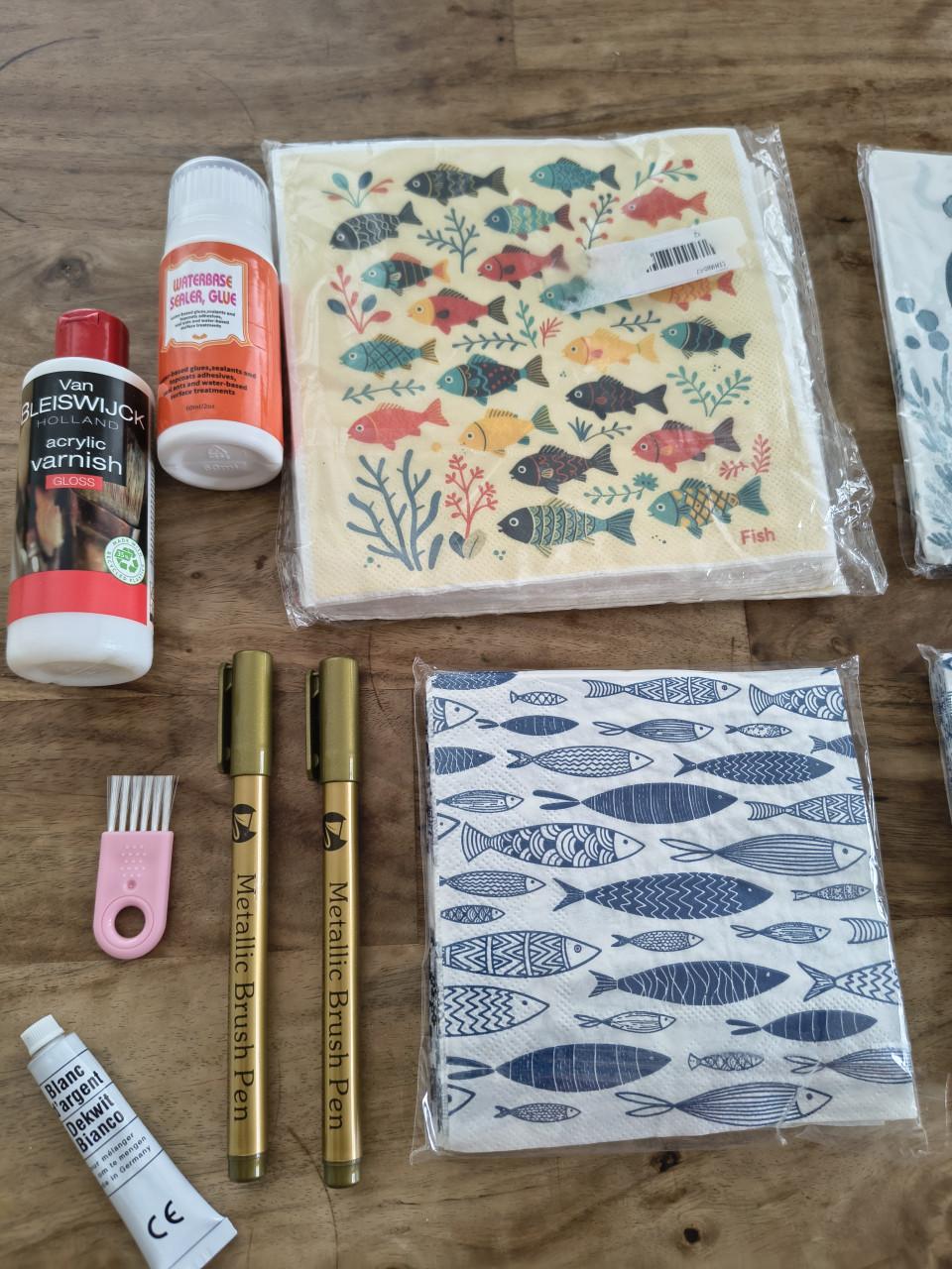 Complete decoupage set, decoupage vissen zee, goud, blauw.