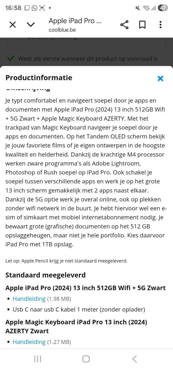 Nieuwe Apple Ipad Pro 2024 13 inch 512gb wifi 5g zwart