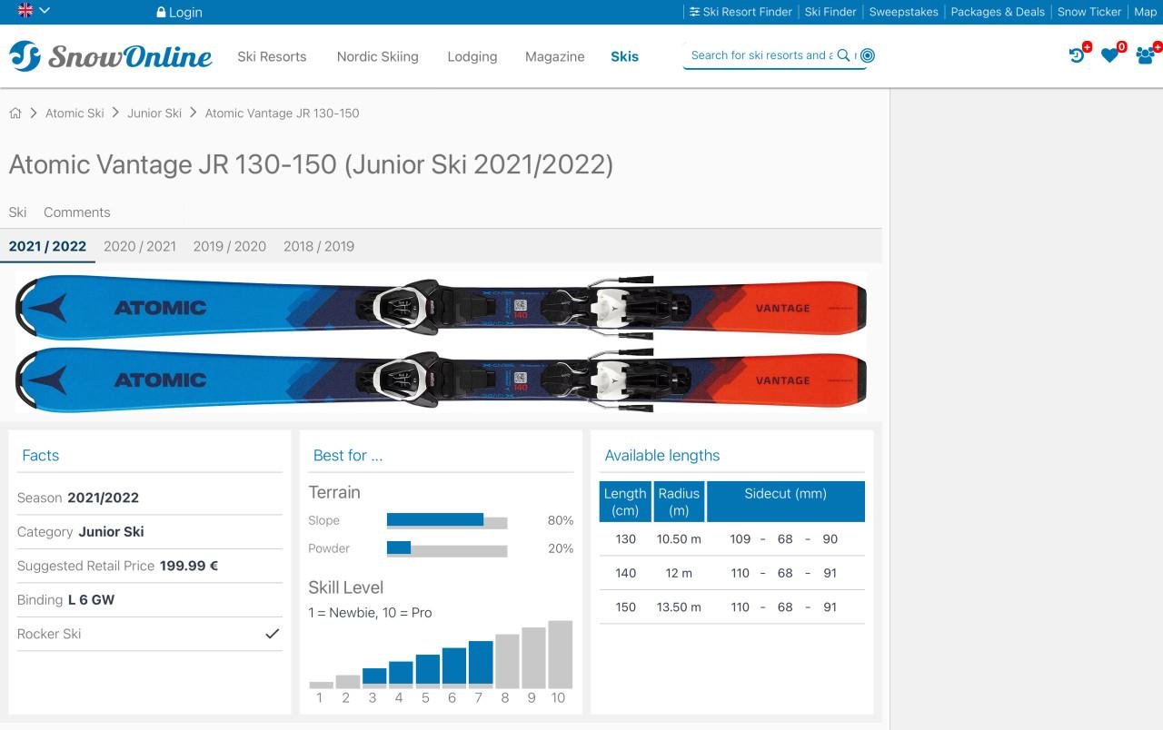 Ski’s Atomic Vantage Jr 130 cm, incl skistokken 100 cm