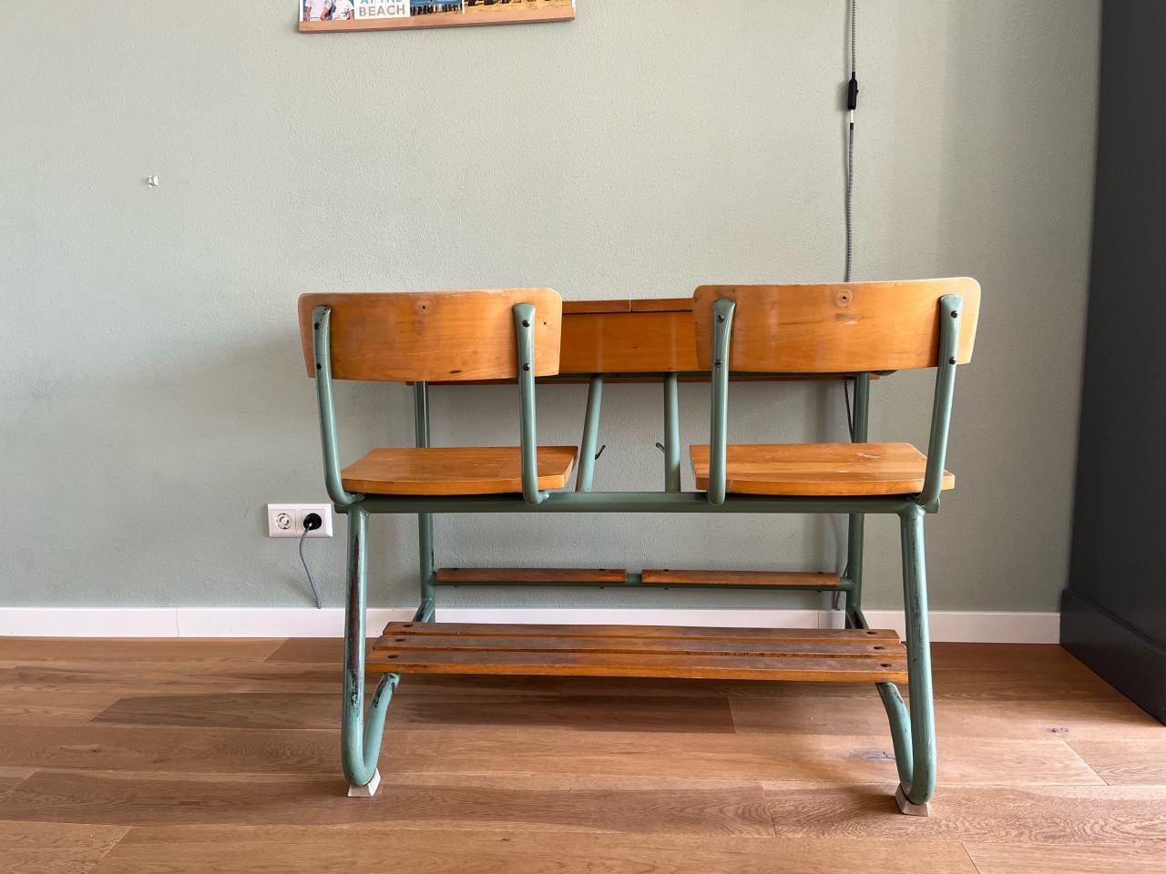 Vintage 2 persoons schoolbank/ schoolbureau